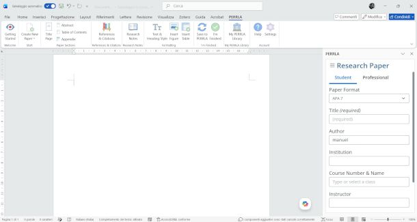scheda plugin PERRLA su interfaccia Word