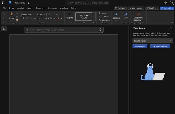 Microsoft Word Online trascrizione audio