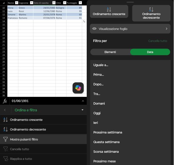 schermate app Excel per dispositivi mobili con funzioni di ordinamento