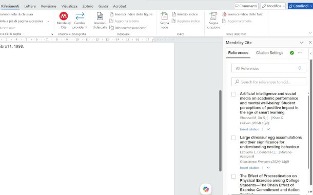 aggiunta citazione da estensione Mendeley