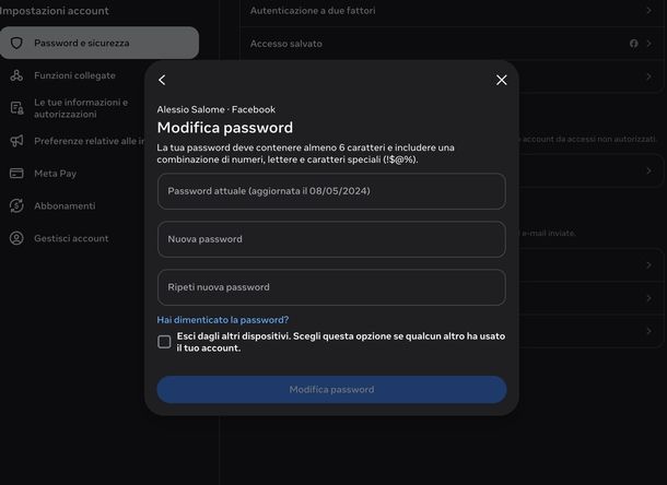 Cambiare password Facebook