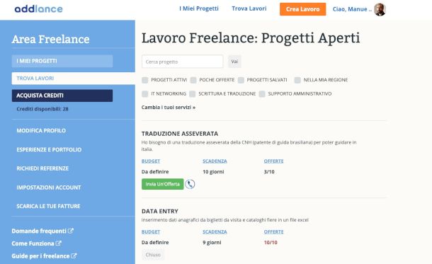 sezione progetti aperti su sito AddLance