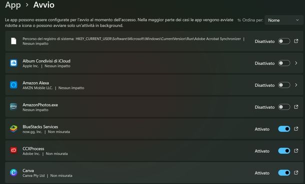 Attivare avvio automatico app Windows