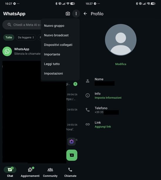 Numero di telefono account WhatsApp Android