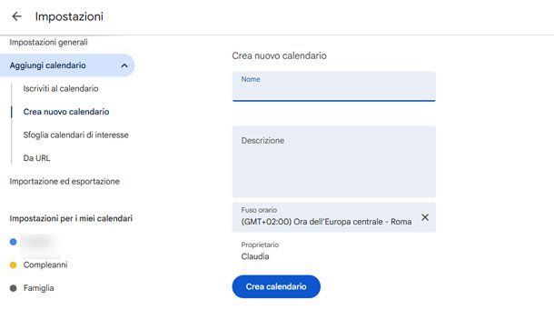 Creare un nuovo calendario con Google Calendar