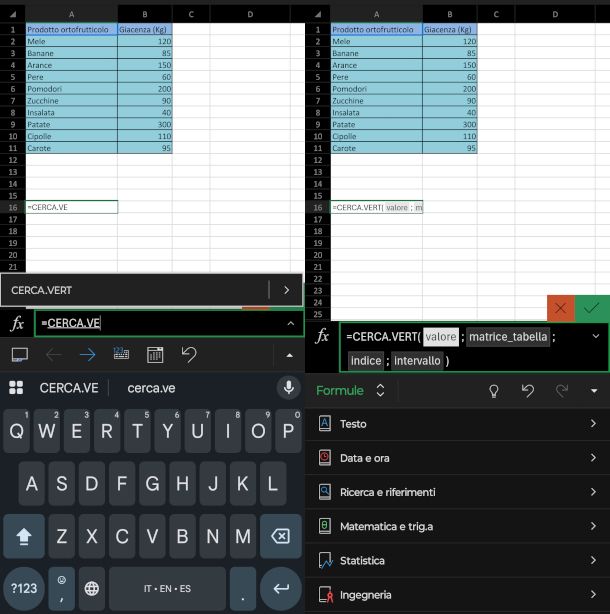 utilizzo CERCA.VERT su app Excel per Android