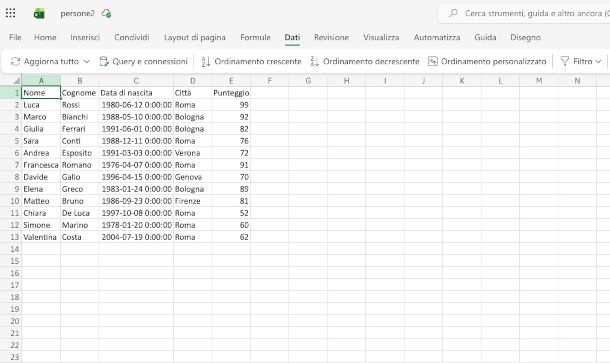interfaccia Excel online con scheda Dati