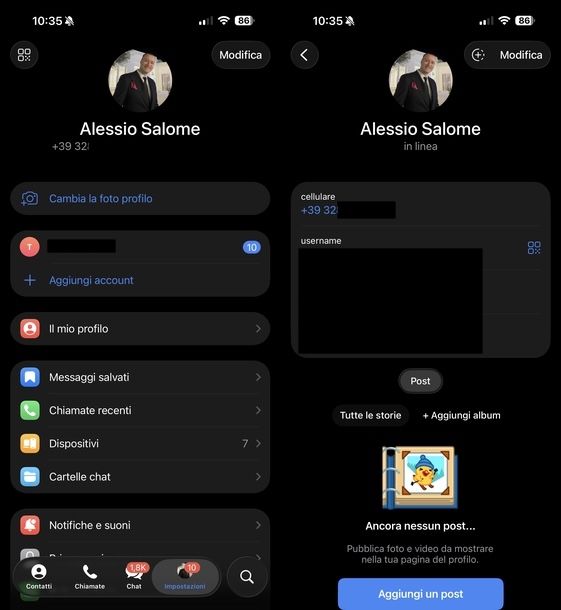 Numero di telefono account Telegram iOS