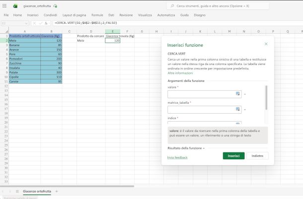 esempio utilizzo CERCA.VERT in Excel online