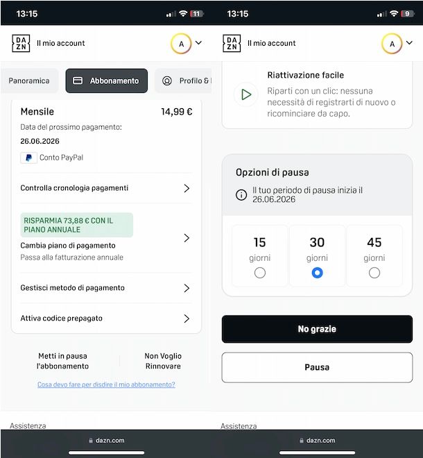Sospendere DAZN da app