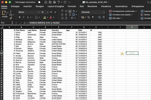 Formula CERCA.VERT per trovare dati corrispondenti Excel