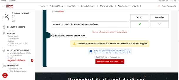 iliad segreteria personalizzata