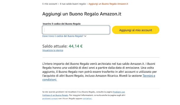pagina per riscattare codice buono regalo su Amazon