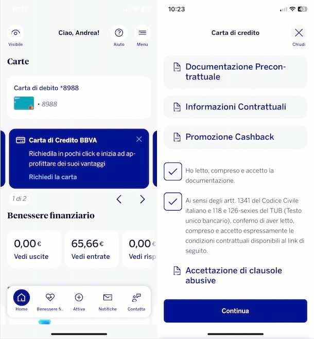 Richiedere carta di credito da app BBVA