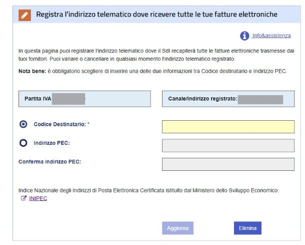 Indirizzo telematico fatture elettroniche