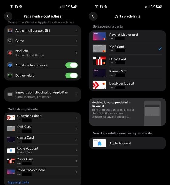 Impostare carta predefinita su Wallet iPhone