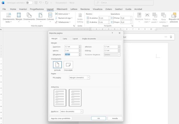 impostazioni margini per impaginazione libro su Word