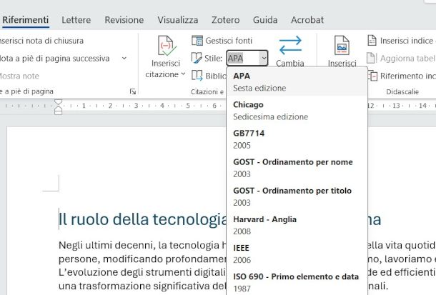 selezione stile APA su Word