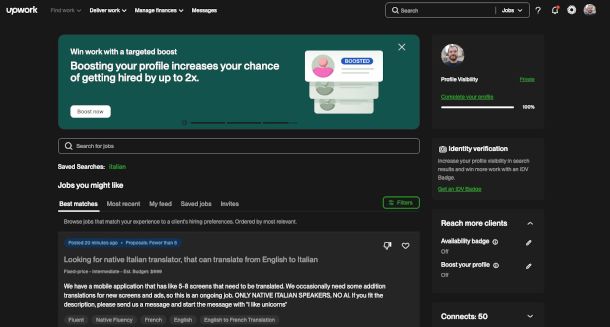 sezione Find Work sito Upwork