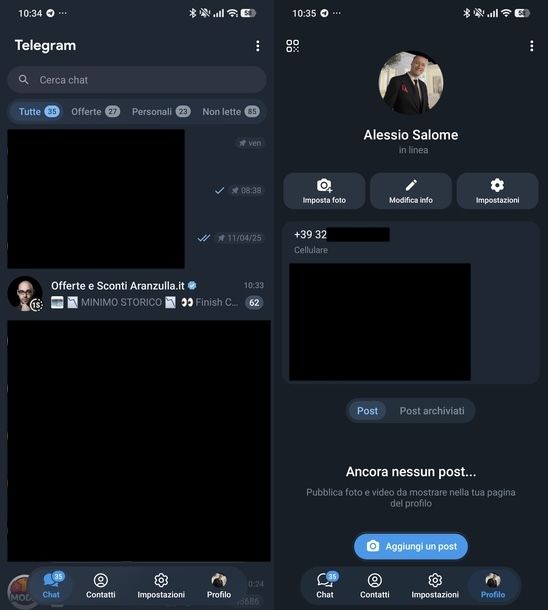 Numero di telefono account Telegram Android