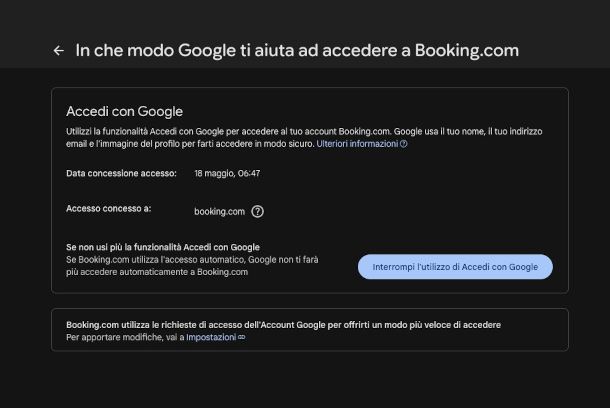 schermata di revoca autorizzazione all'accesso con Google