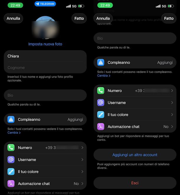 Aggiungere account Telegram su iOS