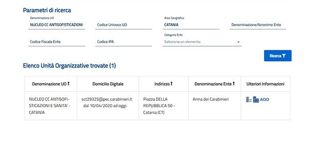 Ricerca contatti NAS sul portale IPA