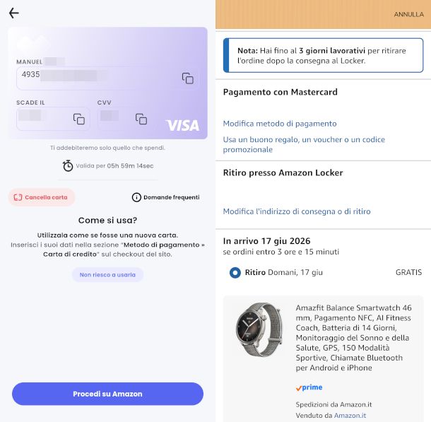 schermata app Scalapay con carta virtuale