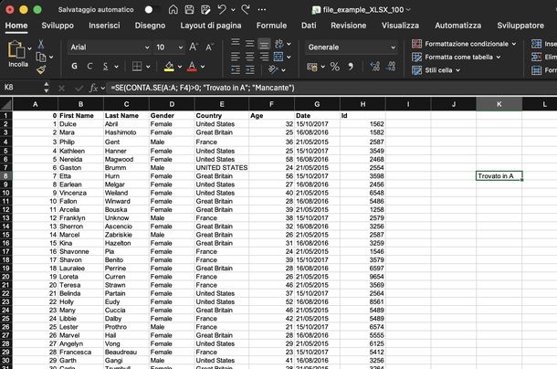 Formula CONTA.SE per trovare dati corrispondenti Excel