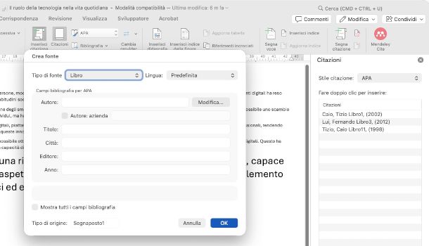 strumenti per bibliografia su Word versione Mac