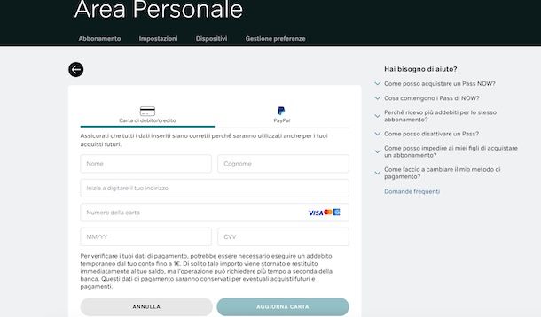 Cambiare metodo di pagamento su NOW