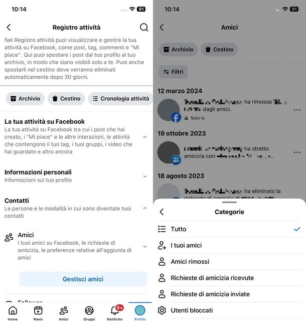 Registro attività iPhone richieste di amicizia inviate