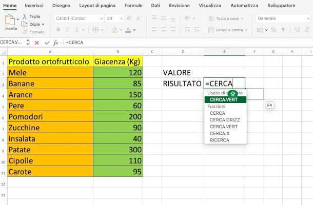inserimento formula CERCA.VERT