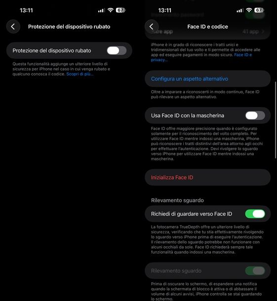 Disattivare protezione dispositivo rubato inizializzare Face ID