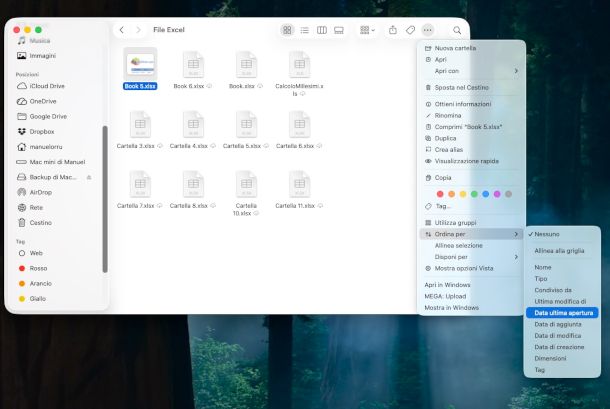 ordinamento per data vista file Excel su Mac
