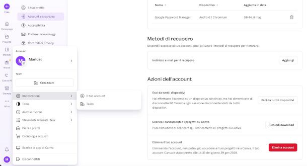 cancellazione account su sito Canva