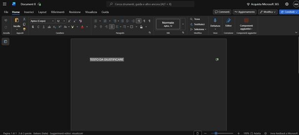 giustificare testo con word online
