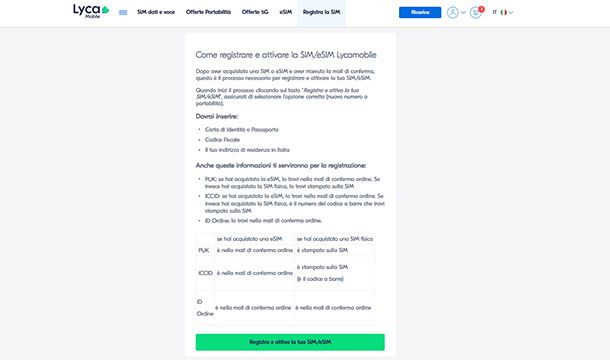 Registrazione SIM Lycamobile