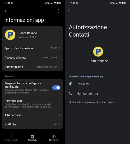 Attivare permessi contatti app Poste Italiane Android