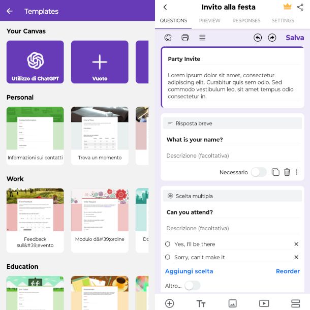 schermate app FormsApp