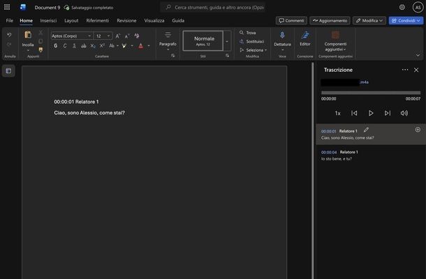 Microsoft Word Online trascrizione audio