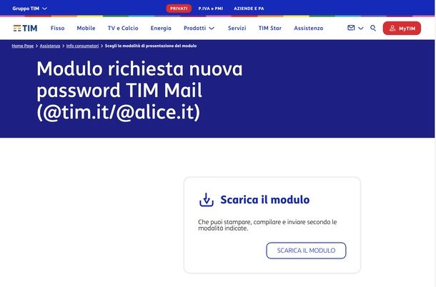 Scaricare modulo per recuperare password Alice Mail