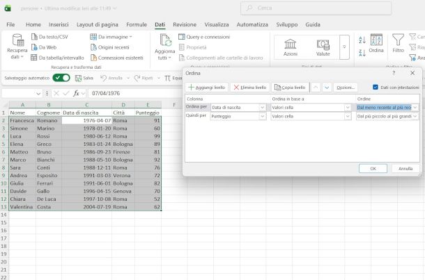 funzione Ordina su Excel