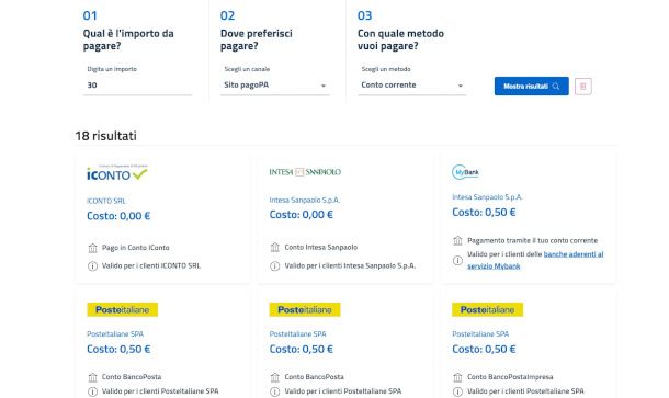 pagina Trasparenza Costi su sito pagoPA
