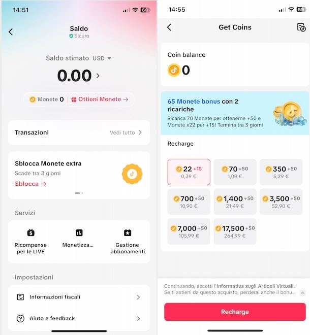 Acquistare monete da app TikTok