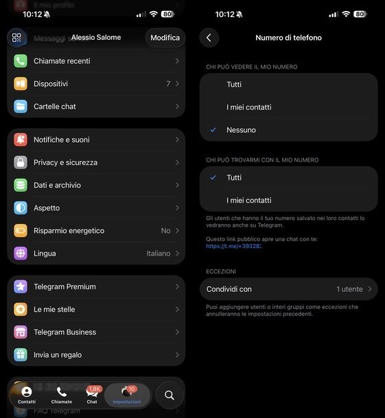 Nascondere numero su Telegram iPhone