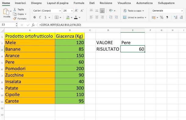 esempio formula CERCA.VERT
