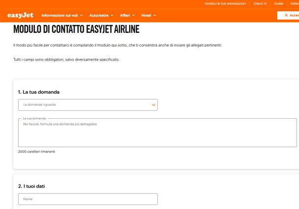 Modulo email a easyJet