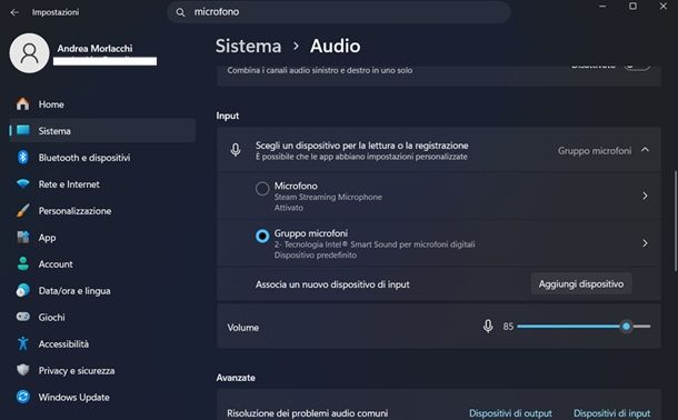 impostazioni audio windows