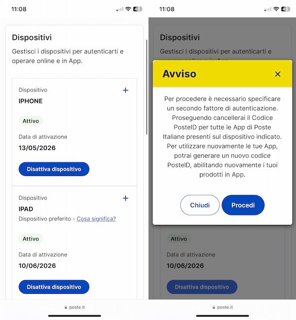 Cambiare dispositivo preferito app Poste Italiane
